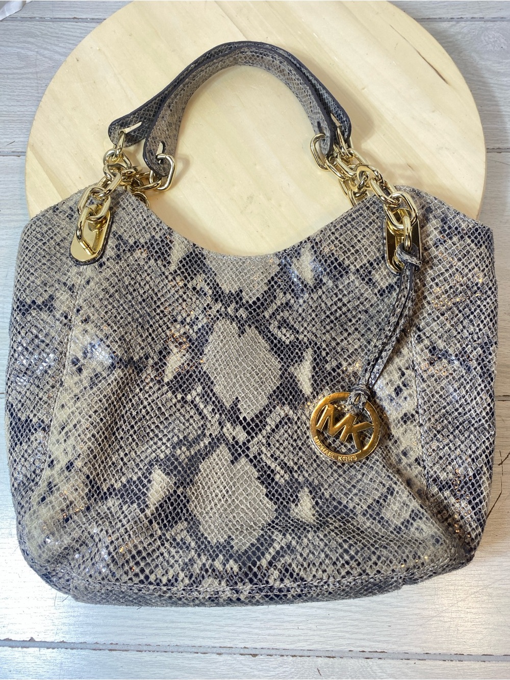Michael Kors Gray Python Embossed Snakeskin Print Leather Satchel Shoulder Bag